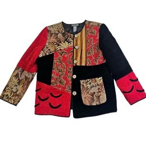 Indigo Moon‎ Artisan Artsy Sz.M Red floral embroidered jacket. Patch work. Rare.